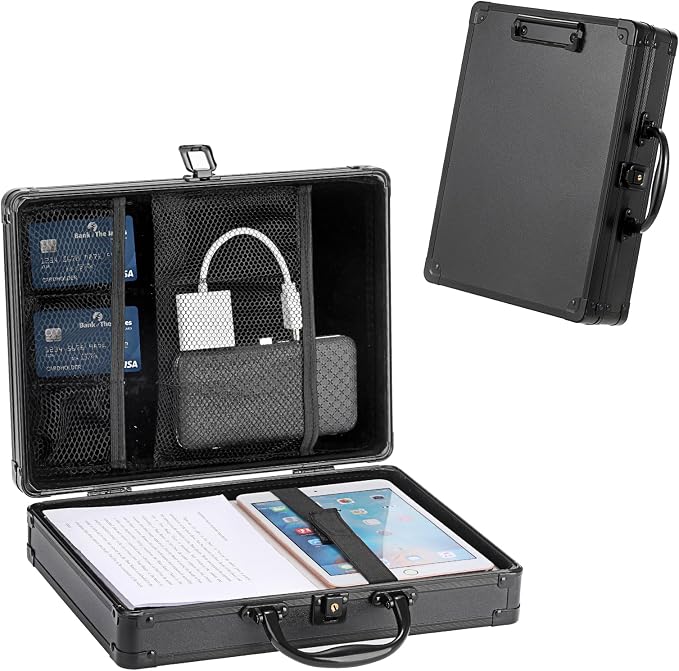 Clipboard Storage Box with Key Lock, Aluminum Case with Metal Clip | 12x9 Inch, Portable Clipboard Case, Small Briefcase, Heavy Duty Metal Paper Organizer, for Office Business Men, Black