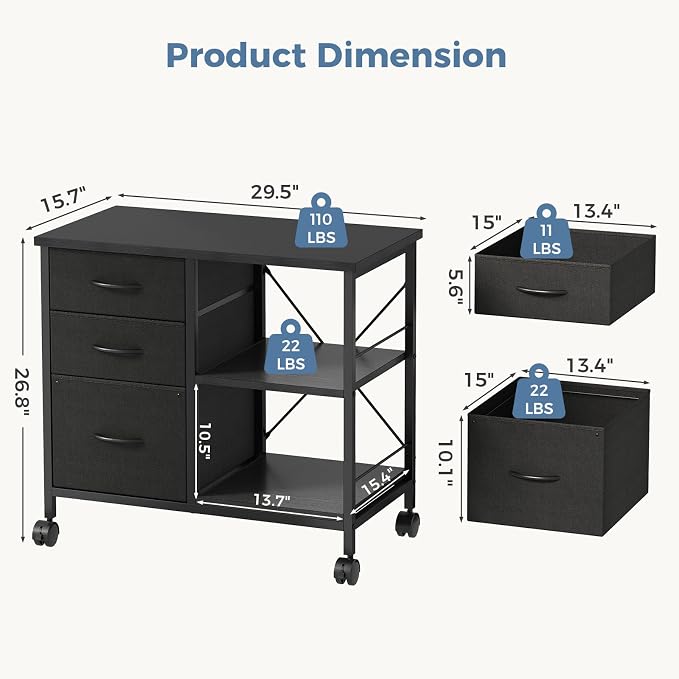 DUMOS 3 Drawer Mobile File Cabinet, Space Saving Rolling Printer Stand | Freestanding Fabric Lateral Filing Cabinet Fits A4/Letter Size, Printer Cart with Open Storage Shelf for Home Office, Black