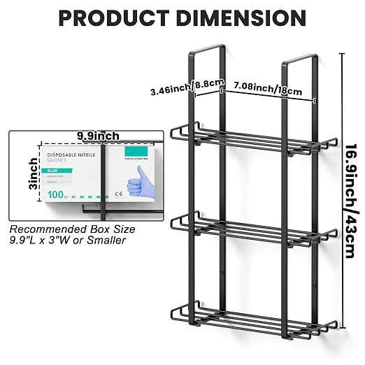 Glove Holder Dispenser for Wall Mount Metal Disposable Latex Glove Box Holder for Home Office, Lab and Garage, Tissue Wire Rack Wall-Mounted for Kitchen Organizer Decor, Blak