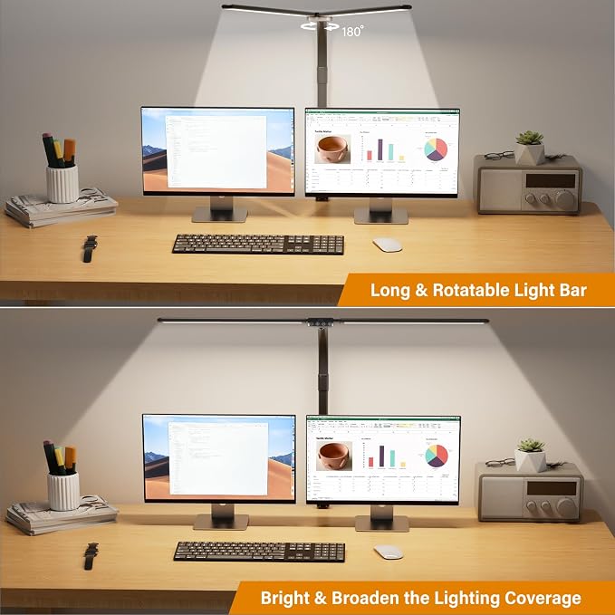 LED Desk Lamp for Home Office - Dimmable Computer Desk Light with Clamp, Modern Architect Task Lamp with Color Changing, Flexible Desktop Lamp with Gooseneck for Monitor, Double Head, Black