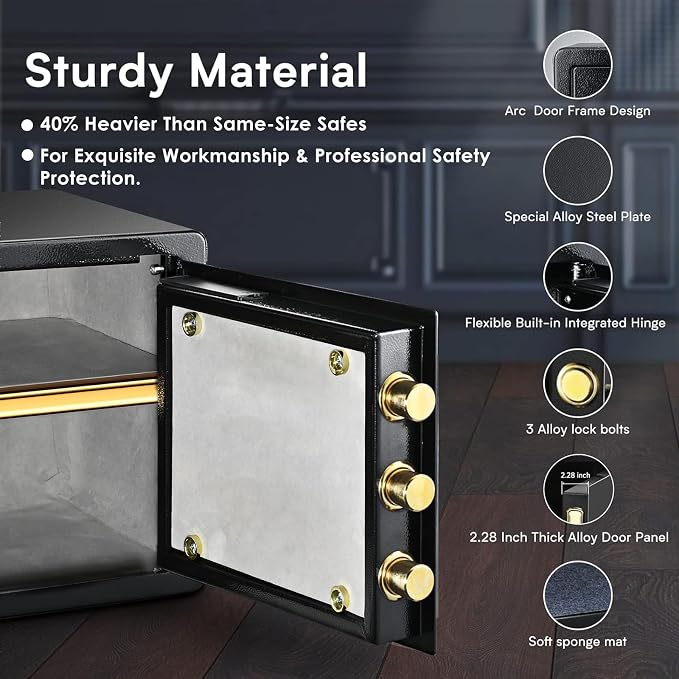 Safe Box with Fireproof Waterproof Money Bag, Alloy Steel Home Safe with Digital Keypad, Dual Key Lock, Fireproof Money Bag & LED Light, 1.2 Cuft Personal Document Lock Box for Office Dorm Hotel