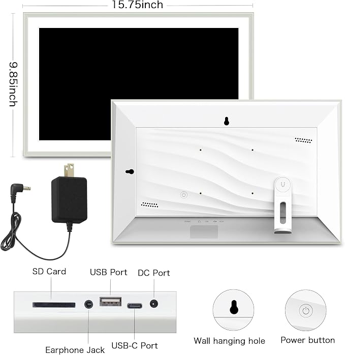 Digital Picture Frame, 15.6 Inch Frameo Digital Frame WiFi, 1920*1080 IPS FHD Touchscreen, 32GB, Tabletop&Wall-Mounted, Share Picture Video, Electronic Photo Frame Slideshow, Gifts for Mom, White Clay