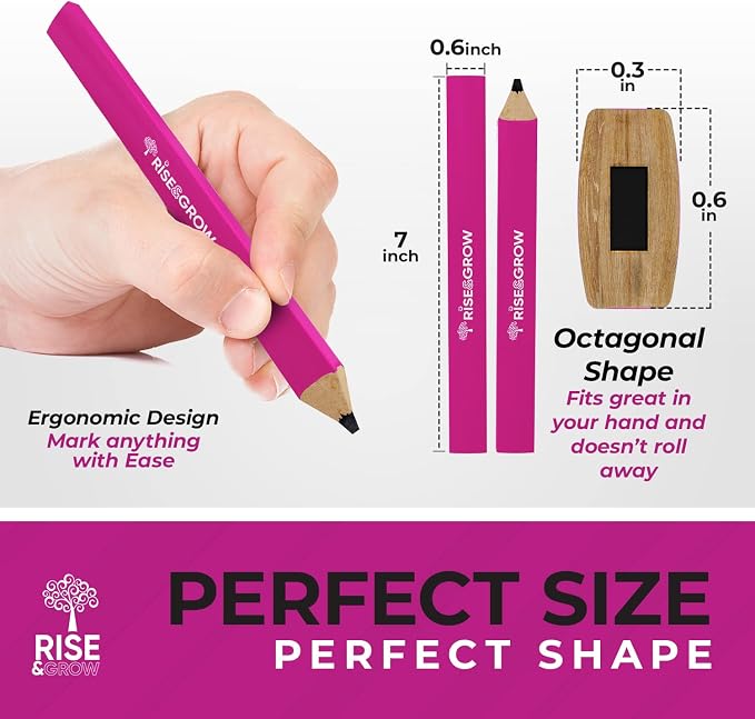 Rise & Grow 50 Set, Neon Pink Carpenters Pencils Bulk 7” – HB Lead Flat Construction Pencils for Men and Women - Woodworking Pencil for Marking Wood, Concrete and Plastic (Pink)