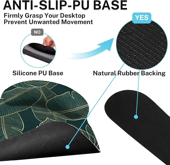 Ergonomic Mouse Pad Set with Wrist Rest, Green Palm Leaves | Tropical Botanical Non-Slip Rubber Base Wrist Cushion Support and Coasters Mousepad with Wrist Support for Computer Keyboard