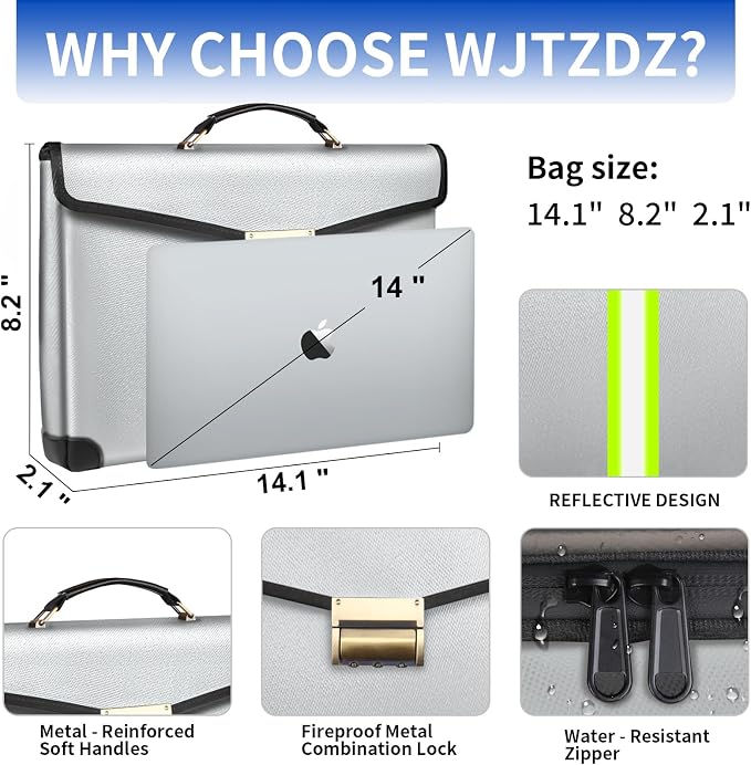 6500°F Large Capacity Upgraded Fireproof Money Bag with Lock,10 Layers of Heat Insulated Materials with Waterproof Zipper/Reflective Strip with Handle for Cash/Important Documents