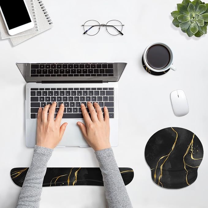 Ergonomic Mouse Pad Set with Wrist Rest, Black Gold Marble | Abstract Modern Non-Slip Rubber Base Wrist Cushion Support and Coasters Mousepad with Wrist Support for Computer Keyboard