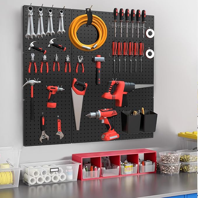 Peg Board, 4 Pack Metal Pegboard Kit,Black Pegboard Wall Organizer with 32 Pcs Hooks, Peg Board for Walls Home, Garage Tool Storage, Office Organization, Kitchen, Craft Room