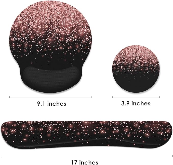 Ergonomic Mouse Pad Set with Wrist Rest, Rose Gold | Pink Black Golden Non-Slip Rubber Base Wrist Cushion Support and Coasters Mousepad with Wrist Support for Computer Keyboard