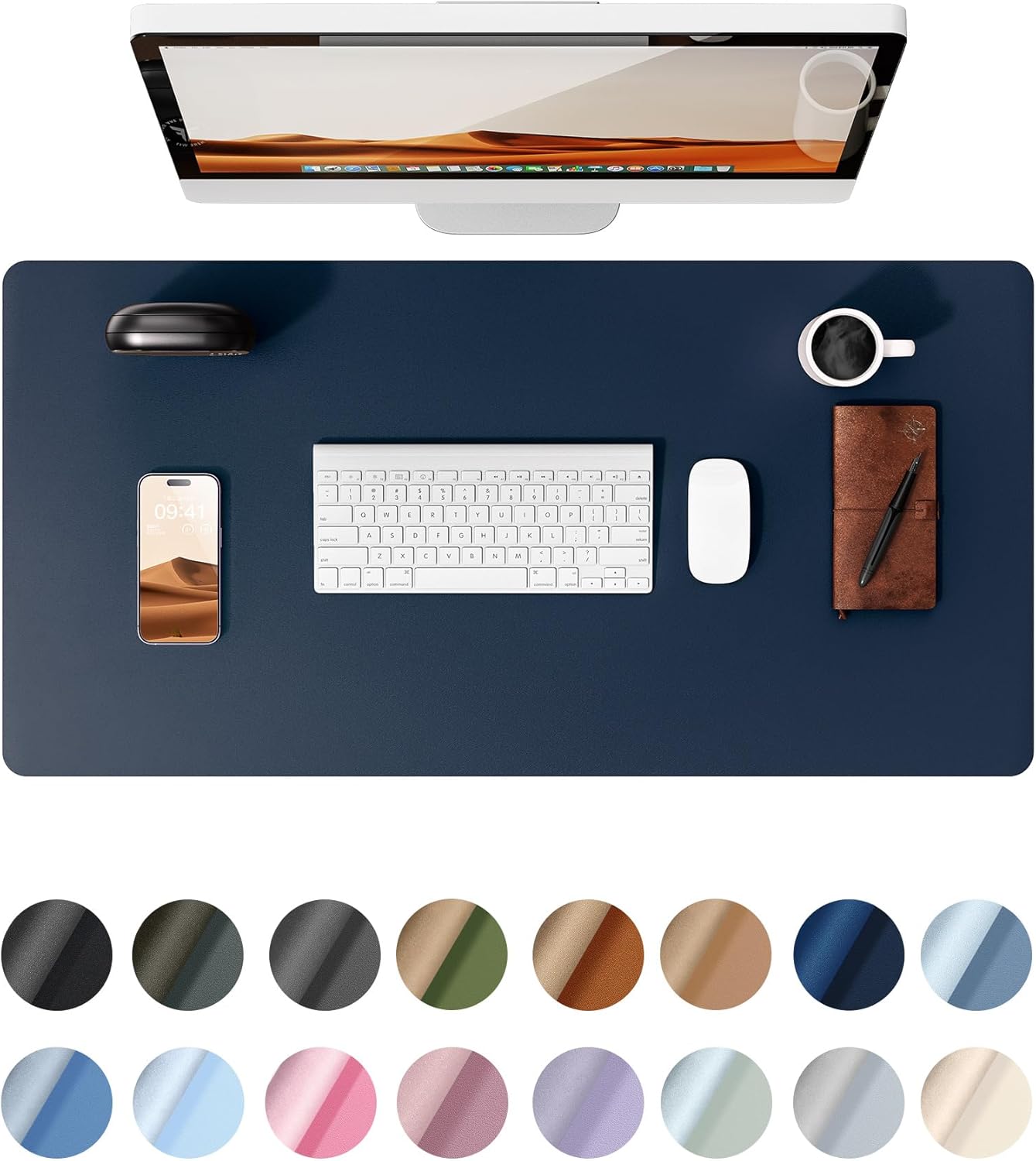 YSAGi Leather Desk Protector, Office Mat, Large Mouse Mat, Non-Slip PU Leather Blotter, Laptop Desk Mat, Waterproof Writing Pad for Office and Home (Dark Blue, 23.6" x 13.8")