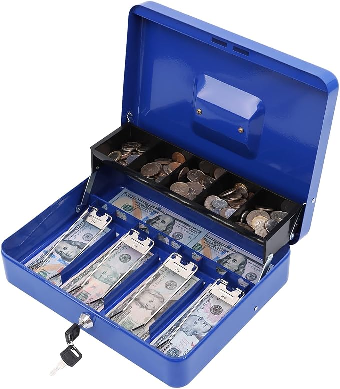 xydled Metal Cash Box, Cash Box with Money Tray and Key Lock, Storage Box, Blue,4 Bill / 5 Coin Slots,11.8" x 9.5" x 3.5",Blue