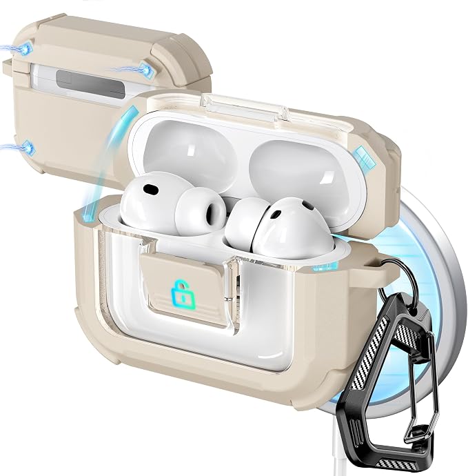 R-FUN for AirPods Pro 3 Case with Lock Magnetic Lid MagSafe, Desert Gray | Compatible Apple AirPods Pro 3, Compatible MagSafe, Protective Case with Cleaner Kit & Carabiner, Powerful Drop Protection