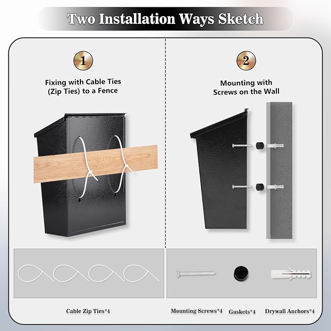 KYODOLED Mailbox for Outside, Wall Mount Mail Drop Box, Black | Large Capacity, Fits Letters, Magazines & Documents, Powder-Coated Steel, Weather Resistant, Home, Apartment & Office Use