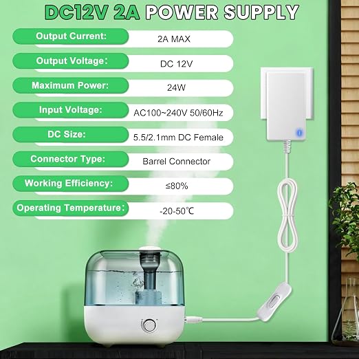 2 Pack 12V 2A Power Supply, 24W 12 Volt DC Power Adapter with On/Off Switch, 110V AC to 12V Wall Plug Transformer for LED Strip Lights with 5.5/2.1mm DC Female Connector