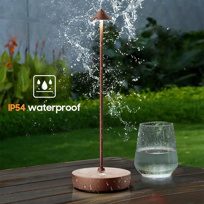 Set of 2 Cordless Rechargeable Led Table Lamp Battery Operated Light Rust | 6000mAh Touch 3 Color Dimming Portable Metal Outdoor Waterproof Light for Patio/Restaurant/Dining/Home