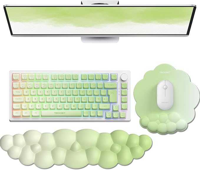 TECKNET Cloud Wrist Rest & Ergonomic Mouse Pad, Cloud Keyboard Wrist Rest with Non-Slip Base, PU Leather Memory Foam Wrist Pad for Keyboard and Mouse, Pain Relief for Typing, Gaming, Green