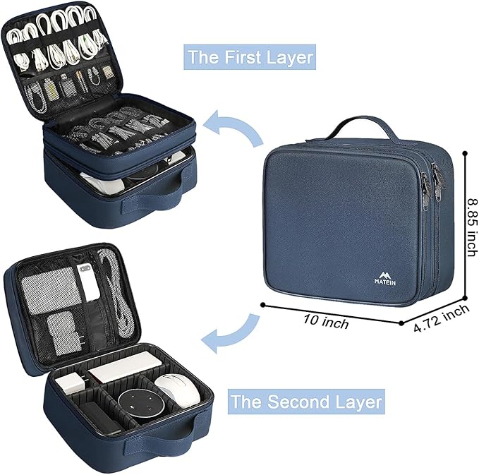 MATEIN Cord Organizer Case with Adjustable Divider, DJ Cable File Bag | Electronic Storage, Tech Accessories, Charger Cable Organizer, Cord Bag, Double Layer, Shockproof, USB Cable Organizer, Blue