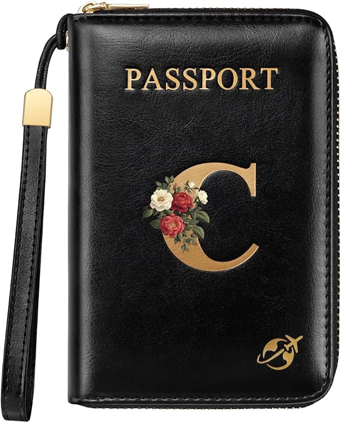 Passport Holder for Travel Personalized Wallet with Wristlet Women | Passport Cover, RFID Blocking, Passport Book Holders, Back Coin Pocket, Zipper Closure, Roses Initial Letter, Black C
