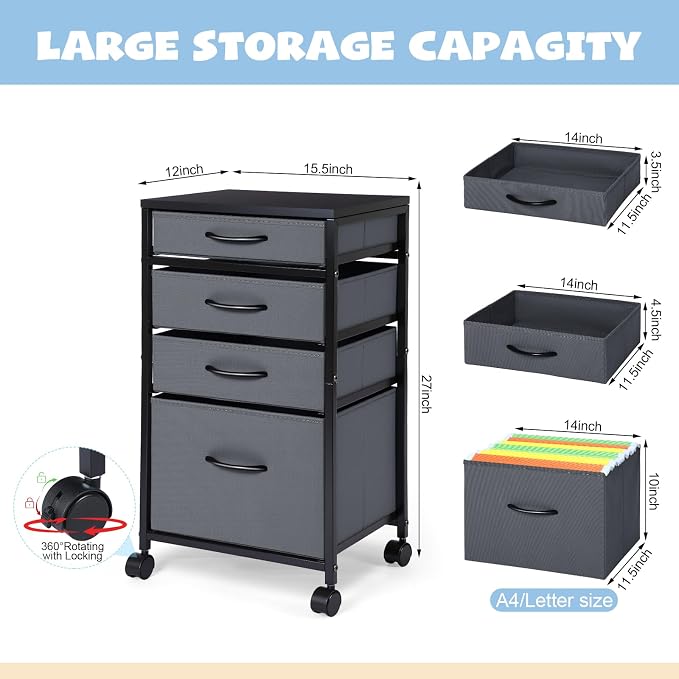 4 Drawer Rolling File Cabinet Mobile Printer Stand Metal Cart with Fabric Vertical Filing Chest Wheels A4 Letter Size Under Desk Utility Craft Storage Organizer for Home Office School(Grey)