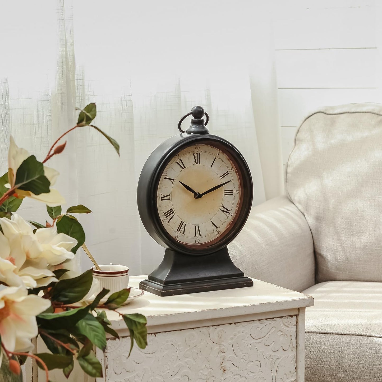 NIKKY HOME Vintage Black Mantel Clocks for Fireplace, Silent Non-Ticking Battery Operated Large Table Desk Shelf Metal Clock for Living Room Decor