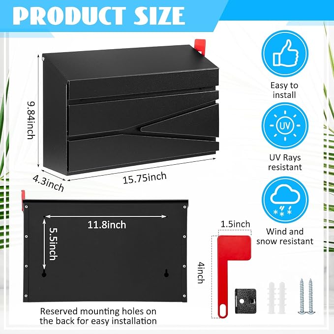 Yaocom Wall Mount Mailbox Large Capacity Mailbox for Outside Galvanized Steel Rustproof Metal Mail Drop Post Modern Collection Box Postbox 15.75" x 9.84" x 4.33", No Keys Locking (Black,Flag)