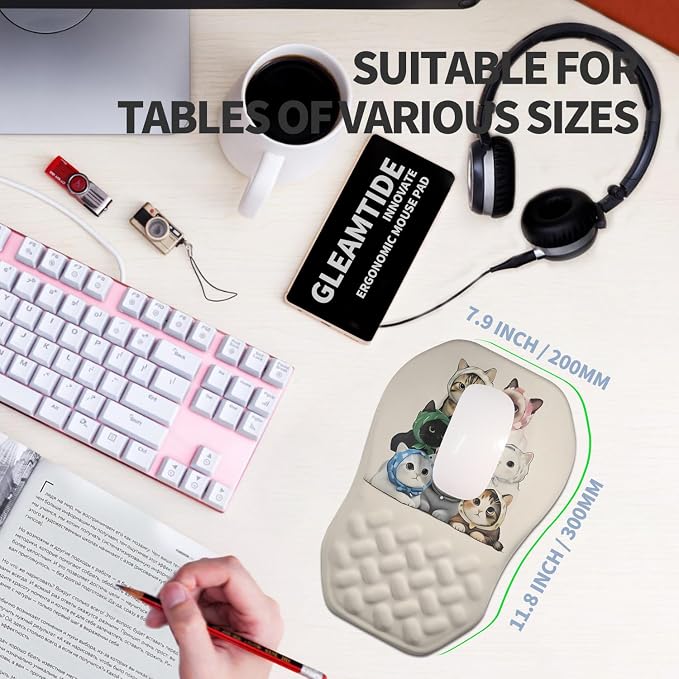 Ergonomic Raised Mouse Pad Wrist Support with Bilateral Slope Memory Foam Mousepad for Wrist Rest and Carpal Tunnel Pain Relief 11.8x7.9〃Cute Cat Gathering