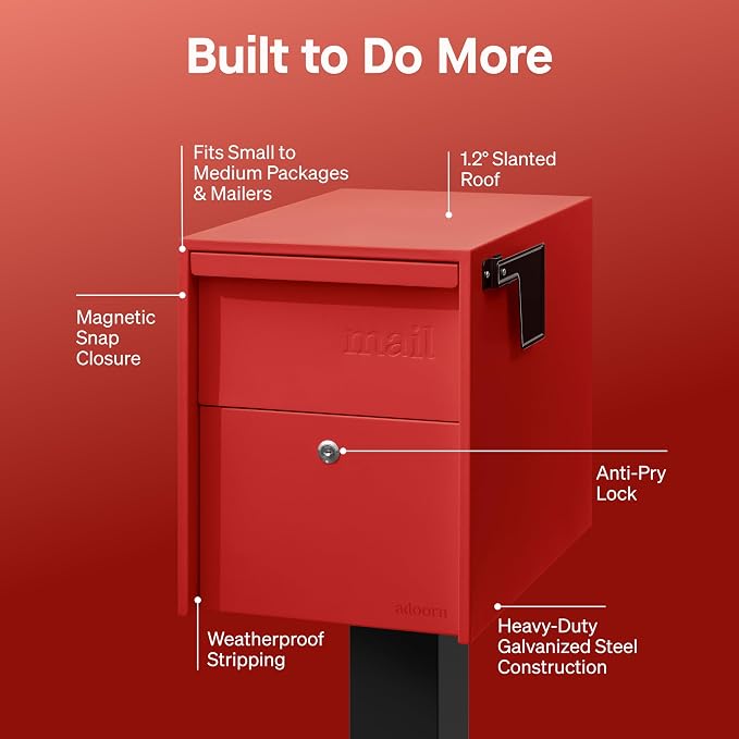 Adoorn Lockable Post Mount Mailboxes for Outside - Large Anti-Theft Locking Mailbox for Packages and Letters - Weatherproof Construction - Durable Steel - 15.5" H x 12" W x 18.5" D - Red