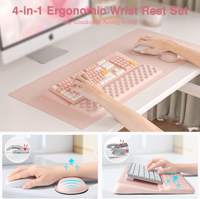 Ospelelf Keyboard Stand Wrist Rest Pad and Ergonomic Mouse Pad Set with Large Mousepad Desk Mat, Memory Foam Comfort, Premium Office Desk Accessories for Pain Relief and Efficiency, Pink
