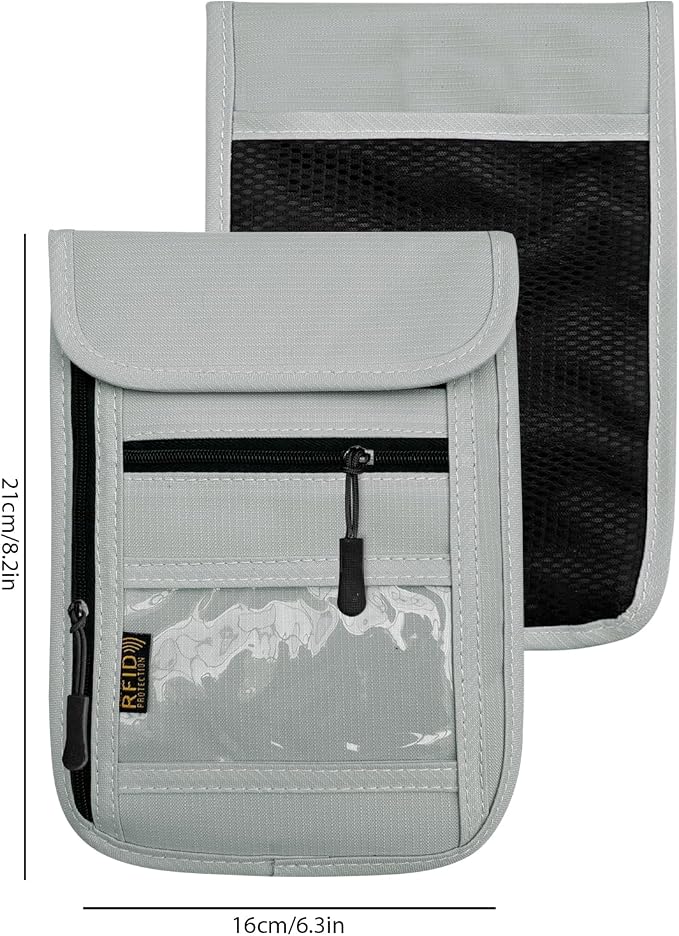 RFID Blocking Travel Neck Wallet Pouch and Passport Holder, Travel Neck Pouch Passport Holder for Women & Men - Gray