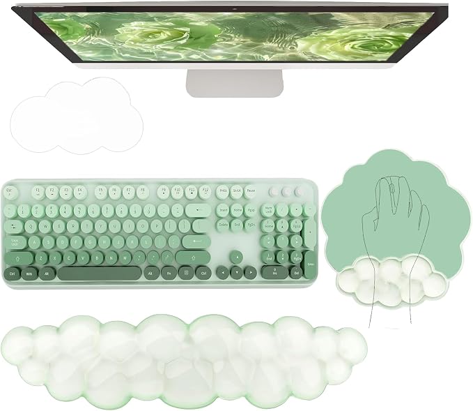 Gel Cloud Wrist Rest Keyboard Clear Green Mouse Pad with Wrist Rest Set 3PCS Ergonomic Cool Keyboard Wrist Pad Cute Acrylic Coaster Non-Slip Base Cute Transparent Mouse Wrist Pad Support for Computer