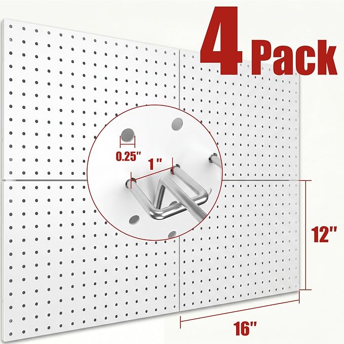 Heavy Duty Peg Board, 4 Pack Metal Pegboard Panels with 50 Hooks | White Pegboard Organizer - Heavy Duty Wall Mount Storage System for Garage Tools, Workbench, Office & Home Organization