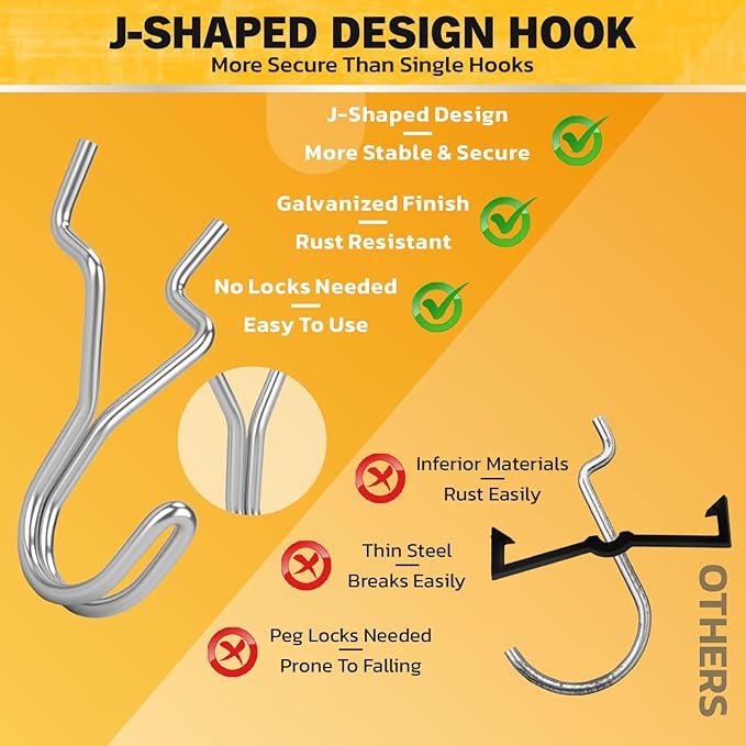 ELEAD 45-Piece Pegboard Hooks J-Hook, Silver J Hooks for Pegboard, Fits 1/8” & 3/16” Pegboards, Heavy Duty Peg Board Hooks for Hanging Keys, Retail Items & Small Tools