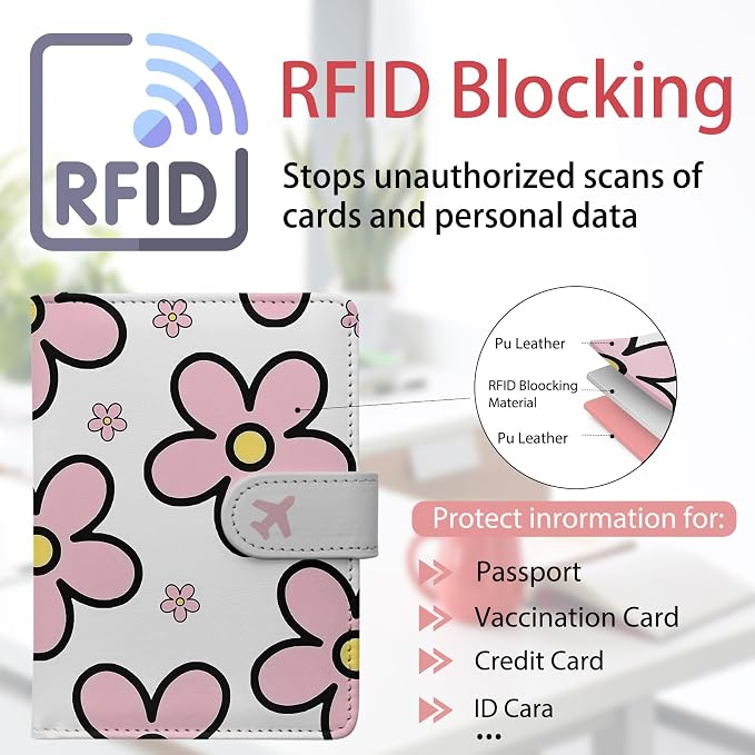 Passport Holder, Cute Travel Wallet Cover with RFID Blocking,Posy | PU leather travel wallet with magnetic closure, card slots, pen loop, and easy access for passports and essentials.
