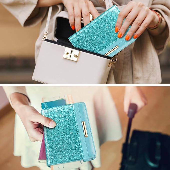 Coco Rossi Passport Holder for Travel Women Slim RFID Passport Cover Wallet | Travel Essentials, Passport Book Holders, Passport Wallet Cover Case, PU Leather, Cute, Thin, Spliced Design, Glitter Teal