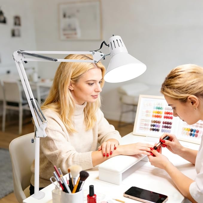 White Desk Lamp with Clamp, Extra-Tall Adjustable Metal Swing Arm, 5000K | Manicurist Table Lamp for Nail Work, Drafting, Sewing, Crafting, College Dorm and Home Office, A19 Bulb Included