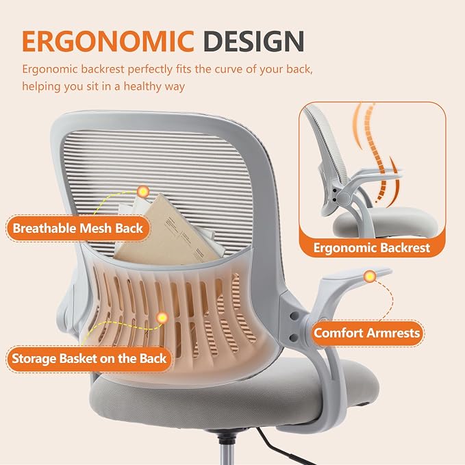 Sweetcrispy Tall Drafting Office Desk Chair - Ergonomic High Stool Computer Chair with Adjustable Height and Comfy Lumbar Support, Rolling Counter Height with Flip-up Arm and Footrest, Grey