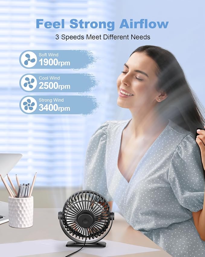 TriPole Small Desk Fan USB Powered 2 Pack Black, Portable Quiet Mini Fan | 3 Speeds, 360°Rotation, Desk Fans Small Quiet, 4.9ft Cable, Strong Breeze for Desktop Bedroom Office Table Travel