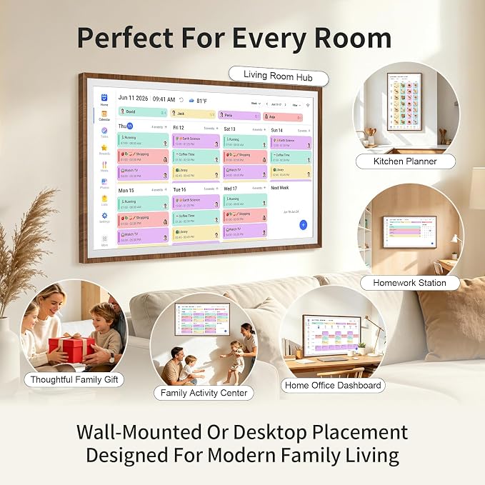LIVINGPAI Smart Digital Wall Calendar, 27 Inch Full HD Touchscreen Family Planner, Chore Chart & Meal Planner, WiFi Shared Calendar Display, Google iCloud Outlook Sync, Wood Frame