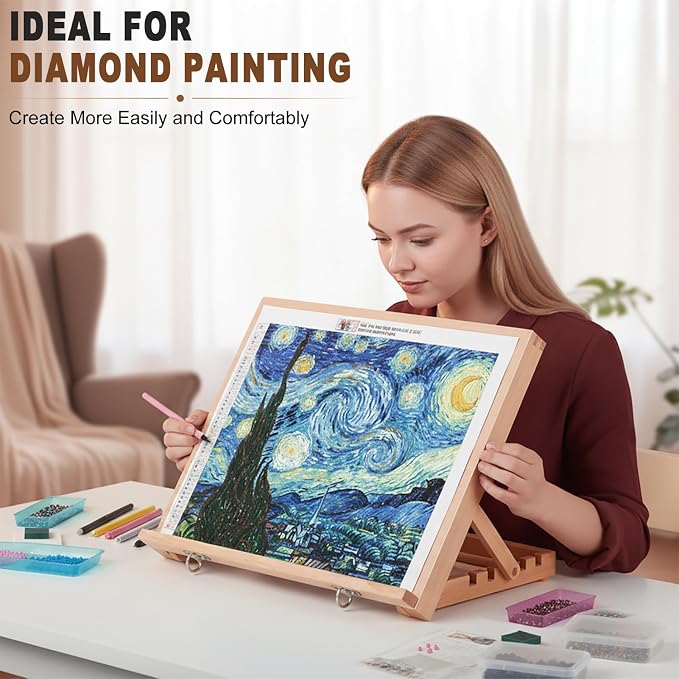 16.5"x12" Beechwood Tabletop Easel with Paint and Sketch Papers,Mask Tape | Portable Adjustable Art Easel with Detachable Strap, Drawing Board for Painting, Sketching and Diamond Art