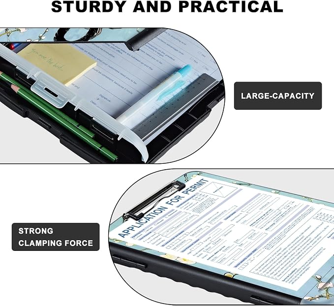 Clipboard with Storage,Storage Clipboard with Pen Holder,Heavy Duty Plastic Storage Clipboard with Low Profile Clip,Teacher Must Haves,Clipboard Folder,Office Supplies,Black Cat and Flowers