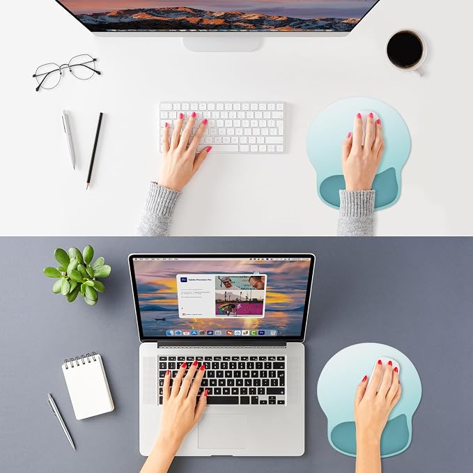 ITNRSIIET Ergonomic Mouse Pad with Wider Memory Foam Wrist Rest +17%, Curved Cushion Reduces Pressure 20%, Pain Relief, Non-Slip, Smooth, Cute Color Desk Accessory, 9.85 x 9 inch, Light Green Gradient