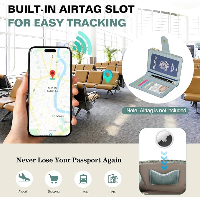 RFID Passport Holder for Travel, Leather Passport Wallet Cover with Airtag | with Airtag Slot, Card Cash Holders, Zippered Coins Pocket, for Women/Men, Gift Box, Travel Essentials, 4.1"L x 1"W x 6.3"H