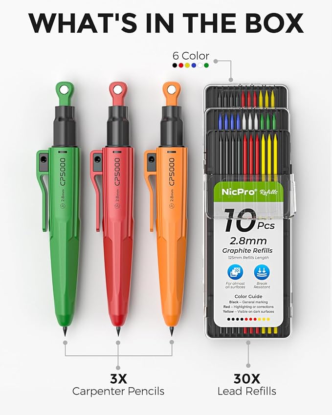 Nicpro 7-in-1 CP5000 Magnetic Carpenter Pencils with Sharpener, 3 Pack Construction Mechanical Pencil+30 Refill, Deep Hole Marker for Construction, Woodworking Pencil, Carpenter Tools for Marking