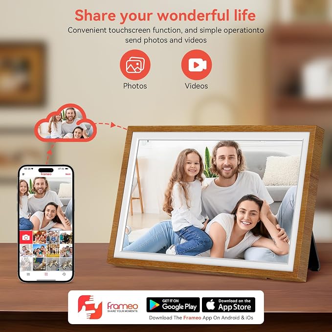Frameo 10.1" Digital Picture Frame with 32GB Memory WiFi Electronic Photo Frame Wood HD Touch Screen Auto-Rotate Slideshow Wall Mountable Share Photos/Video Remotely Anywhere(Warm Wood)