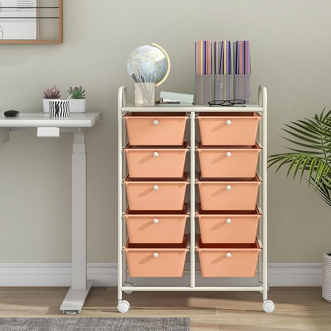 BECOMFORT 10-Drawer Rolling Cart with Drawers, Storage Cart on Wheels, Teacher Classroom Organizers with Metal Frame, Mobile Craft Cart, Trolley Utility Cart for School Office Play Room