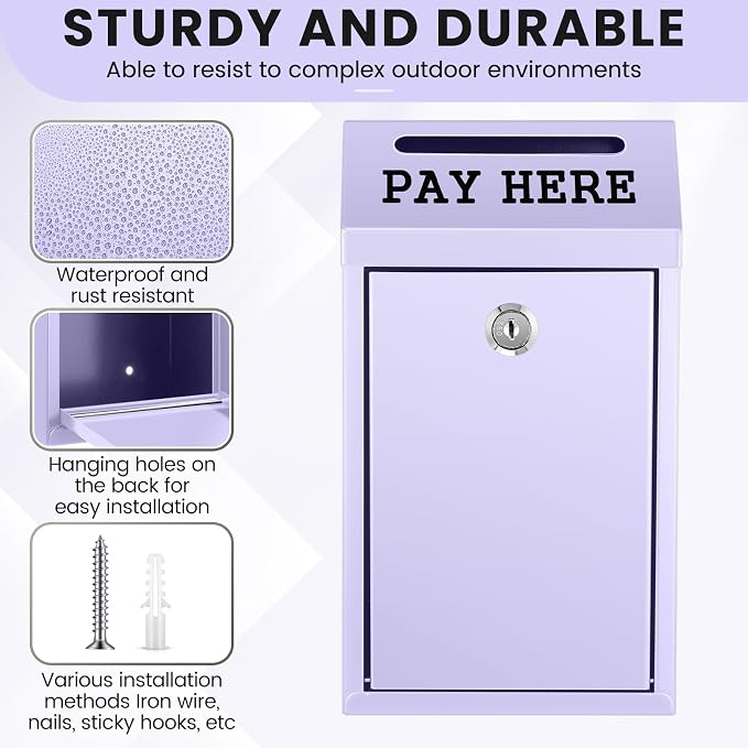 Yaocom Safe Metal Cash Box for Farm Stand – Money Drop and Secure Donation Collection, Wall Mount Lockable Unit with Pre Drilled Holes for Outdoor Self Serve(Morandi Purple,10.2 x 5.7 x 2.8 Inch)