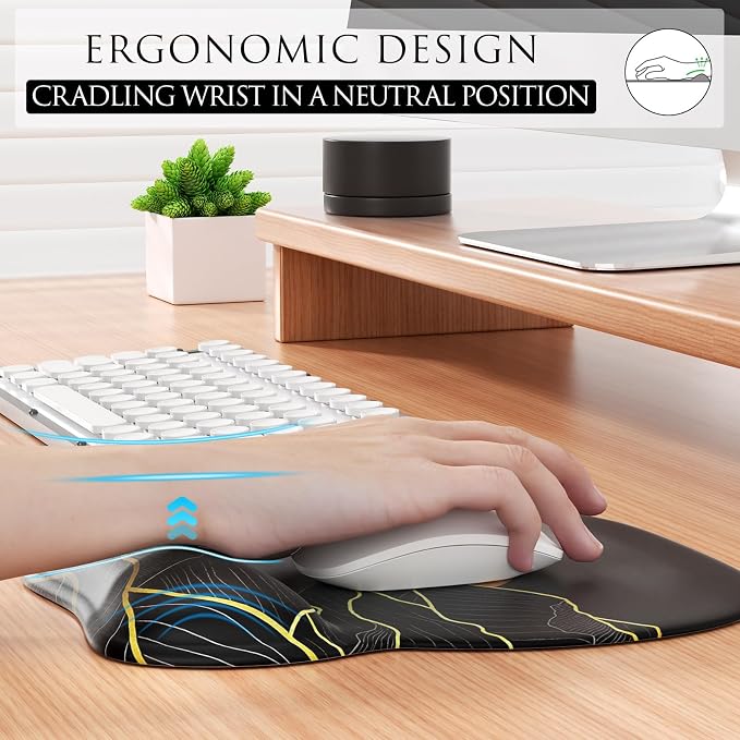 MROCO Ergonomic Mouse Pad with Gel Wrist Rest, 9.4 x 8.1 in, Golden Rise | Ergonomic Shape Design, Multiple Pattern Options, Gel Wrist Comfort, Smooth Lycra Surface, Non-Slip PU Base