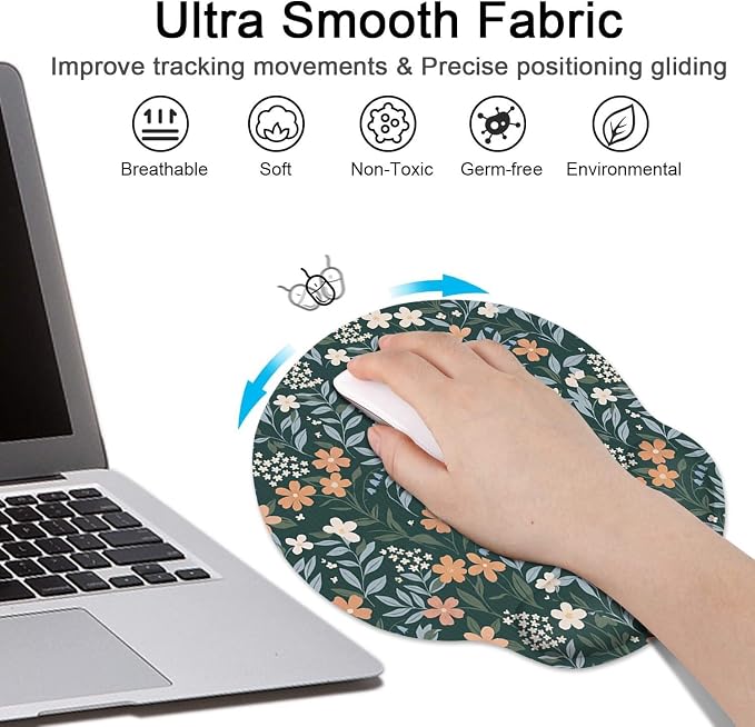 Ergonomic Mouse Pad Set with Wrist Rest, Floral Wildflower | Vintage Green Non-Slip Rubber Base Wrist Cushion Support and Coasters Mousepad with Wrist Support for Computer Keyboard