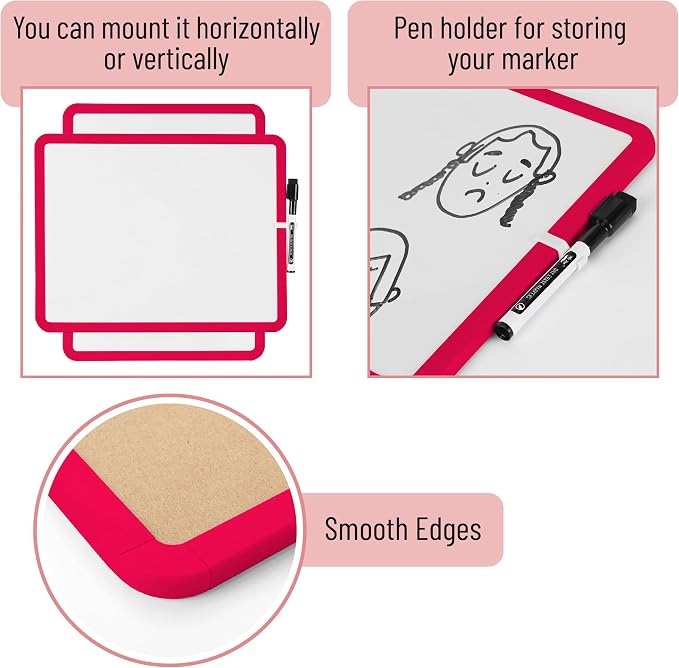 Mr. Pen- Dry Erase Board, 14” x 11” with a Black Dry Erase Marker | Red Frame, Small Mini White Board for Students, Fridge, Wall, Locker, Includes Double Sided Tapes