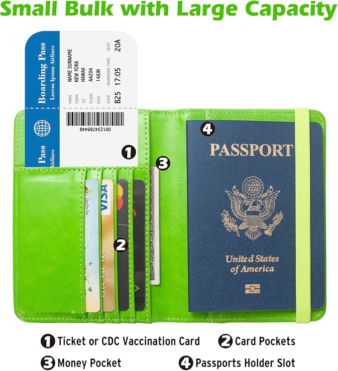 RFID Passport Holder for Travel Men, US Passport Cover Wallet Case, RFID Blocking Waterproof Leather Travel Wallet for Men Women, Document Protector for Traveling-Green