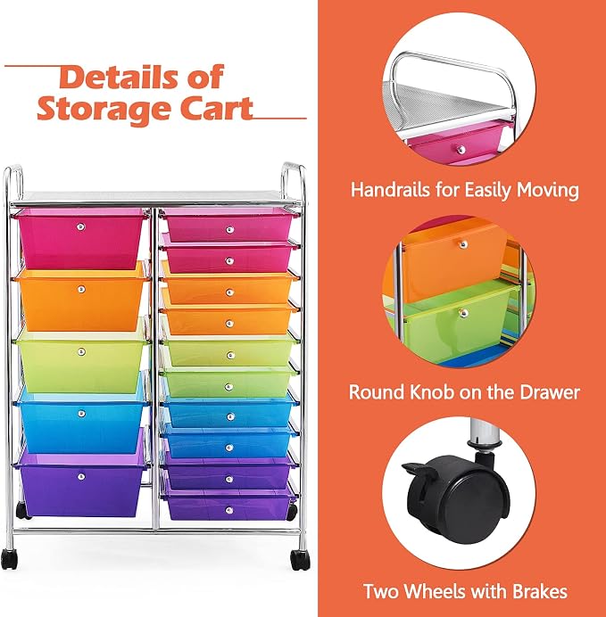 15 Drawer Rolling Storage Cart, Rolling Cart with Drawers for Classroom, Art Supply Craft Organizer on Wheel with Metal Frame & Handles for Home Office School